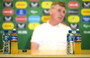 1 June 2023; Energise Sport and Ballygowan Water products in front of manager Stephen Kenny during a Republic of Ireland squad announcement media conference at FAI Headquarters in Dublin. Photo by Stephen McCarthy/Sportsfile