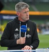 20 May 2023; La Rochelle head coach Ronan O'Gara is interviewed by RTE televsion before the Heineken Champions Cup Final match between Leinster and La Rochelle at Aviva Stadium in Dublin. Photo by Brendan Moran/Sportsfile