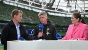 20 May 2023; La Rochelle head coach Ronan O'Gara, right, with RTE analyst Jerry Flannerys and Fiona Coghlan  before the Heineken Champions Cup Final match between Leinster and La Rochelle at Aviva Stadium in Dublin. Photo by Brendan Moran/Sportsfile