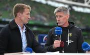 20 May 2023; La Rochelle head coach Ronan O'Gara, right, with former Munster teammate and RTE analyst Jerry Flannery before the Heineken Champions Cup Final match between Leinster and La Rochelle at Aviva Stadium in Dublin. Photo by Brendan Moran/Sportsfile