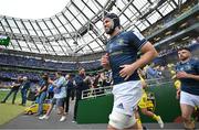 20 May 2023; Caelan Doris of Leinster runs onto the pitch before the Heineken Champions Cup Final match between Leinster and La Rochelle at Aviva Stadium in Dublin. Photo by Brendan Moran/Sportsfile
