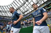 20 May 2023; Ross Molony, left, and Ross Byrne of Leinster run onto the pitch before the Heineken Champions Cup Final match between Leinster and La Rochelle at Aviva Stadium in Dublin. Photo by Brendan Moran/Sportsfile