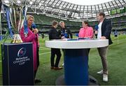 20 May 2023; La Rochelle head coach Ronan O'Gara, centre, amongst the RTE Sport punditry team, from left, presenter Jacqui Hurley, Jerry Flannery, Fiona Coghlan and Jamie Heaslip the Heineken Champions Cup Final match between Leinster and La Rochelle at Aviva Stadium in Dublin. Photo by Brendan Moran/Sportsfile