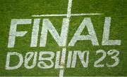 19 May 2023; Pitch paint branding is seen during the EPCR Challenge Cup Final match between Glasgow Warriors and RC Toulon at the Aviva Stadium in Dublin. Photo by Harry Murphy/Sportsfile