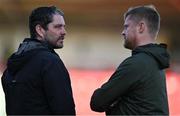 2 June 2023; Derry City manager Ruaidhrí Higgins, left, in conversation with Shelbourne manager Damien Duff before the SSE Airtricity Men's Premier Division match between Derry City and Shelbourne at The Ryan McBride Brandywell Stadium in Derry. Photo by Brendan Moran/Sportsfile