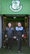 2 June 2023; Shamrock Rovers manager Stephen Bradley and kitman John Cregan, left, before the SSE Airtricity Men's Premier Division match between Shamrock Rovers and Dundalk at Tallaght Stadium in Dublin. Photo by Stephen McCarthy/Sportsfile