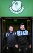 2 June 2023; Shamrock Rovers manager Stephen Bradley and kitman John Cregan, left, before the SSE Airtricity Men's Premier Division match between Shamrock Rovers and Dundalk at Tallaght Stadium in Dublin. Photo by Stephen McCarthy/Sportsfile