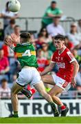 2 June 2023; Gary Holland of Cork in action against Issac Brosnan of Kerry during the 2023 Electric Ireland Munster GAA Football Minor Championship Final match between Cork and Kerry at Austin Stack Park in Kerry. Photo by Eóin Noonan/Sportsfile