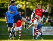 2 June 2023; Jamie Lennon of St Patrick's Athletic in action against Colin Bolton of UCD during the SSE Airtricity Men's Premier Division match between UCD and St Patrick's Athletic at UCD Bowl in Dublin. Photo by Harry Murphy/Sportsfile