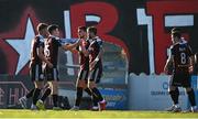 2 June 2023; James Clarke of Bohemians, second from left, celebrates with team-mates after scoring his side's first goal during the SSE Airtricity Men's Premier Division match between Bohemians and Sligo Rovers at Dalymount Park in Dublin. Photo by Sam Barnes/Sportsfile