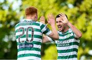 2 June 2023; Aaron Greene of Shamrock Rovers celebrates with team-mate Rory Gaffney, left, after scoring their side's first goal during the SSE Airtricity Men's Premier Division match between Shamrock Rovers and Dundalk at Tallaght Stadium in Dublin. Photo by Stephen McCarthy/Sportsfile