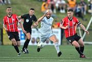 2 June 2023; Mark Coyle of Shelbourne in action against Patrick McEleney of Derry City during the SSE Airtricity Men's Premier Division match between Derry City and Shelbourne at The Ryan McBride Brandywell Stadium in Derry. Photo by Brendan Moran/Sportsfile