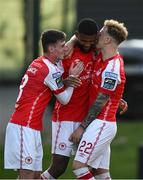 2 June 2023; Noah Lewis of St Patrick's Athletic, centre, celebrates with teammates Ben McCormack and Sam Curtis after scoring his side's second goal during the SSE Airtricity Men's Premier Division match between UCD and St Patrick's Athletic at UCD Bowl in Dublin. Photo by Harry Murphy/Sportsfile