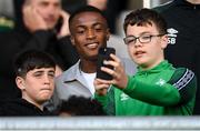 2 June 2023; Former Shamrock Rovers, and current Millwall, player Aidomo Emakhu with supporters during the SSE Airtricity Men's Premier Division match between Shamrock Rovers and Dundalk at Tallaght Stadium in Dublin. Photo by Stephen McCarthy/Sportsfile