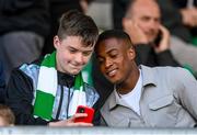 2 June 2023; Former Shamrock Rovers, and current Millwall, player Aidomo Emakhu with supporters during the SSE Airtricity Men's Premier Division match between Shamrock Rovers and Dundalk at Tallaght Stadium in Dublin. Photo by Stephen McCarthy/Sportsfile