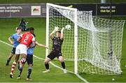 2 June 2023; Noah Lewis of St Patrick's Athletic scores his side's third goal past UCD goalkeeper Lorcan Healy during the SSE Airtricity Men's Premier Division match between UCD and St Patrick's Athletic at UCD Bowl in Dublin. Photo by Harry Murphy/Sportsfile