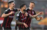 2 June 2023; Declan McDaid of Bohemians celebrates with team-mates, Jordan Flores, left, and Kacper Radkowski after scoring their side's second goal  during the SSE Airtricity Men's Premier Division match between Bohemians and Sligo Rovers at Dalymount Park in Dublin. Photo by Sam Barnes/Sportsfile