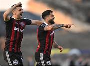 2 June 2023; Declan McDaid of Bohemians, right, celebrates with team-mate Jordan Flores after scoring their side's second goal  during the SSE Airtricity Men's Premier Division match between Bohemians and Sligo Rovers at Dalymount Park in Dublin. Photo by Sam Barnes/Sportsfile