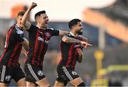 2 June 2023; Declan McDaid of Bohemians, right, celebrates with team-mates, Jordan Flores, second from left, and Kacper Radkowski after scoring their side's second goal  during the SSE Airtricity Men's Premier Division match between Bohemians and Sligo Rovers at Dalymount Park in Dublin. Photo by Sam Barnes/Sportsfile