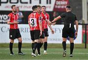 2 June 2023; Derry City players appeal to referee Rob Hennessy for time to take a second corner kick at the end of the SSE Airtricity Men's Premier Division match between Derry City and Shelbourne at The Ryan McBride Brandywell Stadium in Derry. Photo by Brendan Moran/Sportsfile