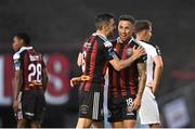 2 June 2023; Bohemians players Jordan Flores, left, and John O’Sullivan celebrate after their side's victory in the SSE Airtricity Men's Premier Division match between Bohemians and Sligo Rovers at Dalymount Park in Dublin. Photo by Sam Barnes/Sportsfile