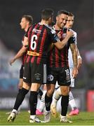 2 June 2023; Bohemians players Jordan Flores, left, and John O’Sullivan celebrate after their side's victory in the SSE Airtricity Men's Premier Division match between Bohemians and Sligo Rovers at Dalymount Park in Dublin. Photo by Sam Barnes/Sportsfile