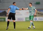 2 June 2023; Aaron Greene of Shamrock Rovers and referee Paul McLaughlin after the SSE Airtricity Men's Premier Division match between Shamrock Rovers and Dundalk at Tallaght Stadium in Dublin. Photo by Stephen McCarthy/Sportsfile