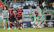 2 June 2023; Archie Davies of Dundalk has his shot blocked by Gary O'Neill, left, and Daniel Cleary of Shamrock Rovers during the SSE Airtricity Men's Premier Division match between Shamrock Rovers and Dundalk at Tallaght Stadium in Dublin. Photo by Stephen McCarthy/Sportsfile