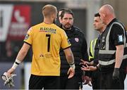 2 June 2023; Derry City manager Ruaidhrí Higgins attempts to speak to referee Rob Hennessy after the SSE Airtricity Men's Premier Division match between Derry City and Shelbourne at The Ryan McBride Brandywell Stadium in Derry. Photo by Brendan Moran/Sportsfile