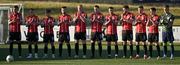 2 June 2023; The Derry City team during a minute's applause before the SSE Airtricity Men's Premier Division match between Derry City and Shelbourne at The Ryan McBride Brandywell Stadium in Derry. Photo by Brendan Moran/Sportsfile