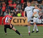 2 June 2023; Jonathan Lunney of Shelbourne in action against Michael Duffy of Derry City during the SSE Airtricity Men's Premier Division match between Derry City and Shelbourne at The Ryan McBride Brandywell Stadium in Derry. Photo by Brendan Moran/Sportsfile