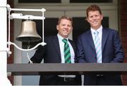 3 June 2023; Former Ireland players Niall and Kevin O'Brien ring the 5 minute bell before day three of the Test Match between England and Ireland at Lords Cricket Ground in London, England. Photo by Matt Impey/Sportsfile