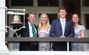 3 June 2023; Former Ireland players Niall and Kevin O’Brien, alongside their partners, ring the 5 minute bell before day three of the Test Match between England and Ireland at Lords Cricket Ground in London, England. Photo by Matt Impey/Sportsfile
