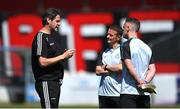 3 June 2023; Bohemians manager Sean Byrne, left, in conversation with Shamrock Rovers manager Collie O'Neill, centre, and assistant coach Ciaran Ryan before the SSE Airtricity Women's Premier Division match between Bohemians and Shamrock Rovers at Dalymount Park in Dublin. Photo by Seb Daly/Sportsfile