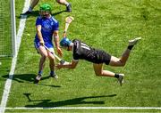 3 June 2023; Ray McCormack of Lancashire has a shot on goal under pressure from Monaghan goalkeeper Hugh Byrne during the Lory Meagher Cup Final match between Monaghan and Lancashire at Croke Park in Dublin. Photo by Harry Murphy/Sportsfile