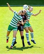 3 June 2023; Mia Dodd of Bohemians in action against Aoife Kelly, left, and Melissa O'Kane of Shamrock Rovers during the SSE Airtricity Women's Premier Division match between Bohemians and Shamrock Rovers at Dalymount Park in Dublin. Photo by Seb Daly/Sportsfile
