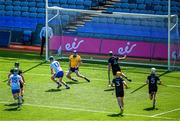 3 June 2023; Thomas Hughes of Monaghan shoots to score his side's first goal past Lancashire goalkeeper Pa Coates during the Lory Meagher Cup Final match between Monaghan and Lancashire at Croke Park in Dublin. Photo by Harry Murphy/Sportsfile