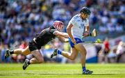 3 June 2023; Niall Garland of Monaghan on his way to scoring his side's third goal despite the hurl of Lancashire's Shane Nugent during the Lory Meagher Cup Final match between Monaghan and Lancashire at Croke Park in Dublin. Photo by Harry Murphy/Sportsfile