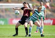3 June 2023; Kira Bates Crosbie of Bohemians in action against Jaime Thompson of Shamrock Rovers during the SSE Airtricity Women's Premier Division match between Bohemians and Shamrock Rovers at Dalymount Park in Dublin. Photo by Seb Daly/Sportsfile