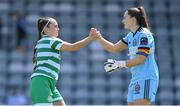 3 June 2023; Bohemians goalkeeper Rachael Kelly, right, and Alannah McEvoy of Shamrock Rovers shake hands after the drawn SSE Airtricity Women's Premier Division match between Bohemians and Shamrock Rovers at Dalymount Park in Dublin. Photo by Seb Daly/Sportsfile