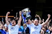 3 June 2023; Monaghan joint captains Niall Garland, left, and Kevin Crawley lift the Lory Meagher cup after their side's victory in the Lory Meagher Cup Final match between Monaghan and Lancashire at Croke Park in Dublin. Photo by Harry Murphy/Sportsfile