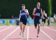 3 June 2023; David Bosch of Wesley College, Dublin, right, wins the senior boys 400m, ahead of David Mannion of Seamount College Kinvara, Galway, who finished third, during the 123.ie All Ireland Schools' Track and Field Championships at Tullamore in Offaly. Photo by Sam Barnes/Sportsfile