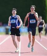 3 June 2023; David Bosch of Wesley College, Dublin, right, wins the senior boys 400m, ahead of David Mannion of Seamount College Kinvara, Galway, who finished third, during the 123.ie All Ireland Schools' Track and Field Championships at Tullamore in Offaly. Photo by Sam Barnes/Sportsfile