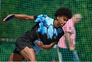 3 June 2023; Alex Ademola of Colaiste Chriost Ri, Cork, competes in the senior boys discus during the 123.ie All Ireland Schools' Track and Field Championships at Tullamore in Offaly. Photo by Sam Barnes/Sportsfile
