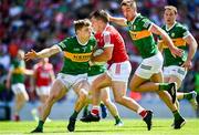 3 June 2023; Sean Powter of Cork is tackled by Gavin White of Kerry during the GAA Football All-Ireland Senior Championship Round 2 match between Cork and Kerry at Páirc Ui Chaoimh in Cork. Photo by Eóin Noonan/Sportsfile