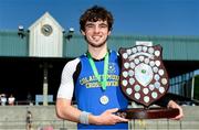 3 June 2023; Joshua Fitzgerald of Colaiste Muire Crosshaven, Cork, with the trophy after winning the senior boys pole vault with a championship record of 4.53m during the 123.ie All Ireland Schools' Track and Field Championships at Tullamore in Offaly. Photo by Sam Barnes/Sportsfile