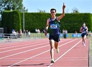 3 June 2023; Jonas Stafford of East Glendalough, Wicklow, celebrates winning the senior boys 5000m during the 123.ie All Ireland Schools' Track and Field Championships at Tullamore in Offaly. Photo by Sam Barnes/Sportsfile