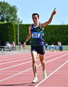 3 June 2023; Jonas Stafford of East Glendalough, Wicklow, celebrates winning the senior boys 5000m during the 123.ie All Ireland Schools' Track and Field Championships at Tullamore in Offaly. Photo by Sam Barnes/Sportsfile