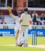 3 June 2023; Andy McBrine of Ireland raises his bat as he reaches 50 runs during day three of the Test Match between England and Ireland at Lords Cricket Ground in London, England. Photo by Matt Impey/Sportsfile