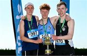 3 June 2023;  Senior boys 1500m medallists, Lughaidh Mallon of Rathmore Belfast, gold, centre, Jamie Byrne of Wesley College, Dublin, silver, left, and Eoghan O'Connor of St Francis Rochestown, Cork, bronze, right, during the 123.ie All Ireland Schools' Track and Field Championships at Tullamore in Offaly. Photo by Sam Barnes/Sportsfile
